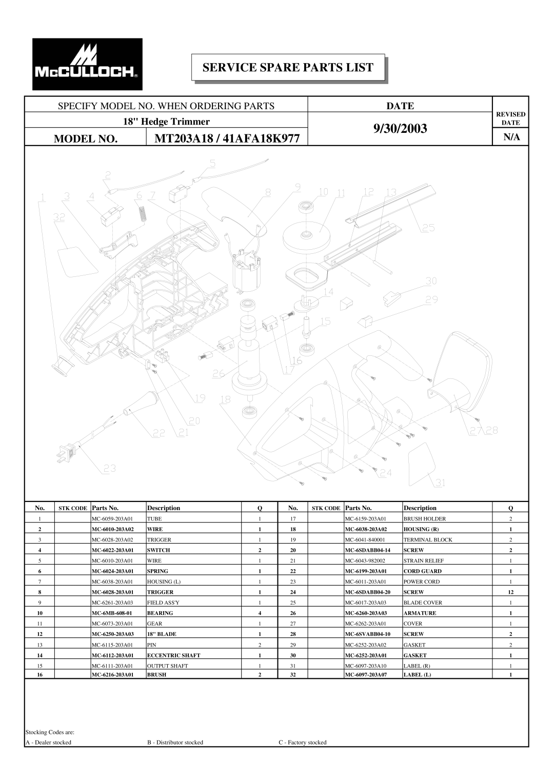 McCulloch manual 30/2003, MT203A18 / 41AFA18K977 