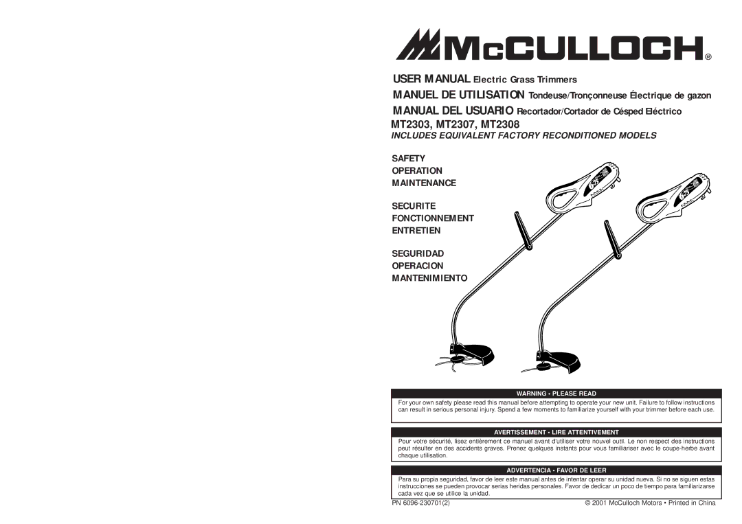 McCulloch user manual MT2303, MT2307, MT2308 