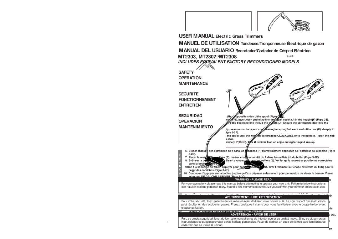 McCulloch MT2303 Remplacement DU FIL DE Coupe MT2307, MT2308, Reemplazo DE LA Linea DE LA Cortadora MT2307, MT2308 