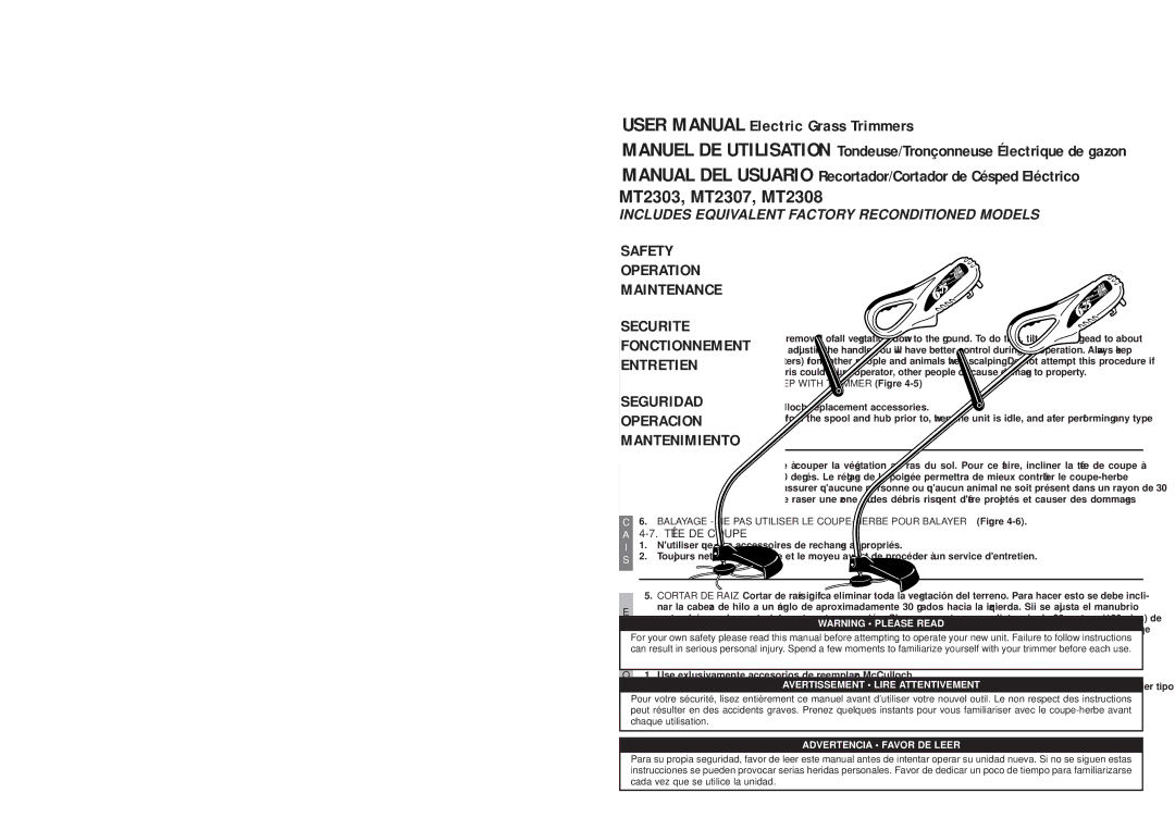 McCulloch MT2307 Trimmer Operation, Fonctionnement DU COUPE-HERBE, Funcionamiento DE LA Recortadora, For even depth of cut 