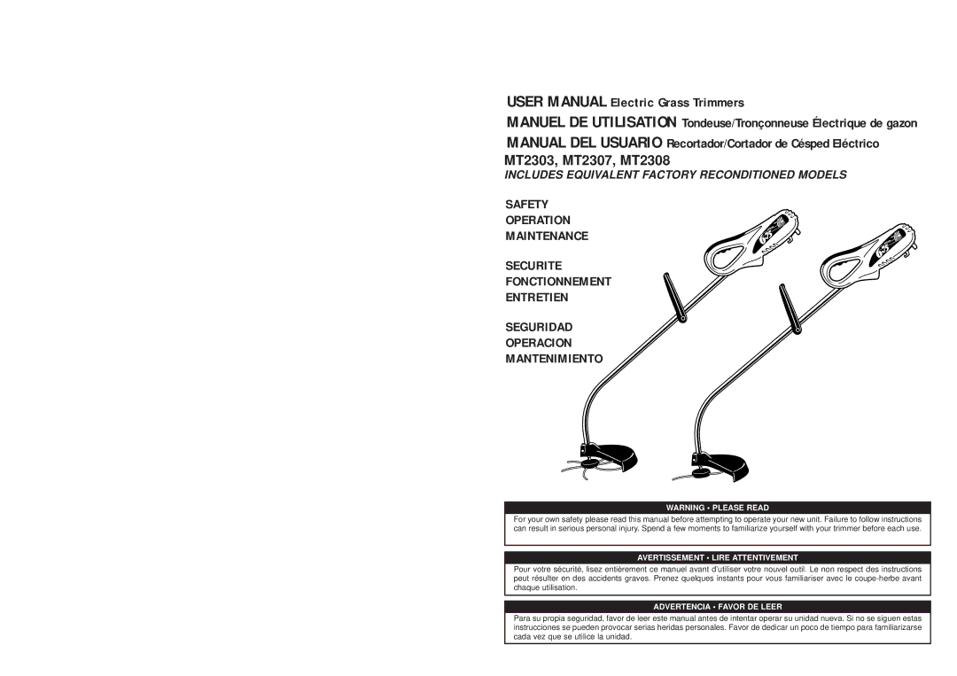 McCulloch MT2308 Input 120V~, 60Hz,6.75Amp 120V~, 60Hz, 6.75Amp, 600/min, 14 355mm 15 375mm Line Diameter Ø0.082.0mm 