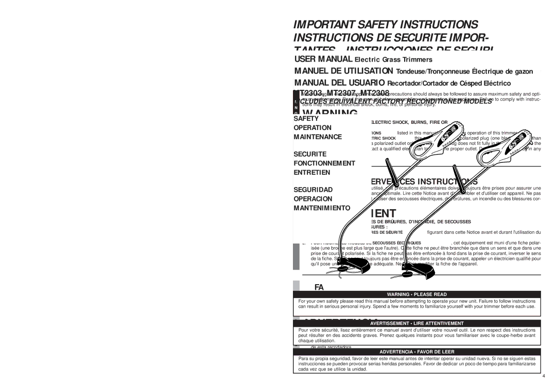 McCulloch MT2303, MT2308, MT2307 user manual To Reduce the Risk of Electric SHOCK, BURNS, Fire or, Personal Injury 