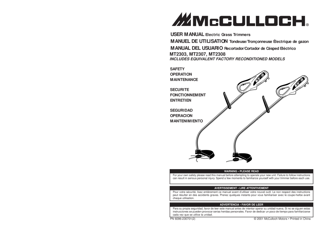 McCulloch user manual MT2303, MT2307, MT2308, Safety Operation Maintenance Securite, Mantenimiento, Warning Please Read 