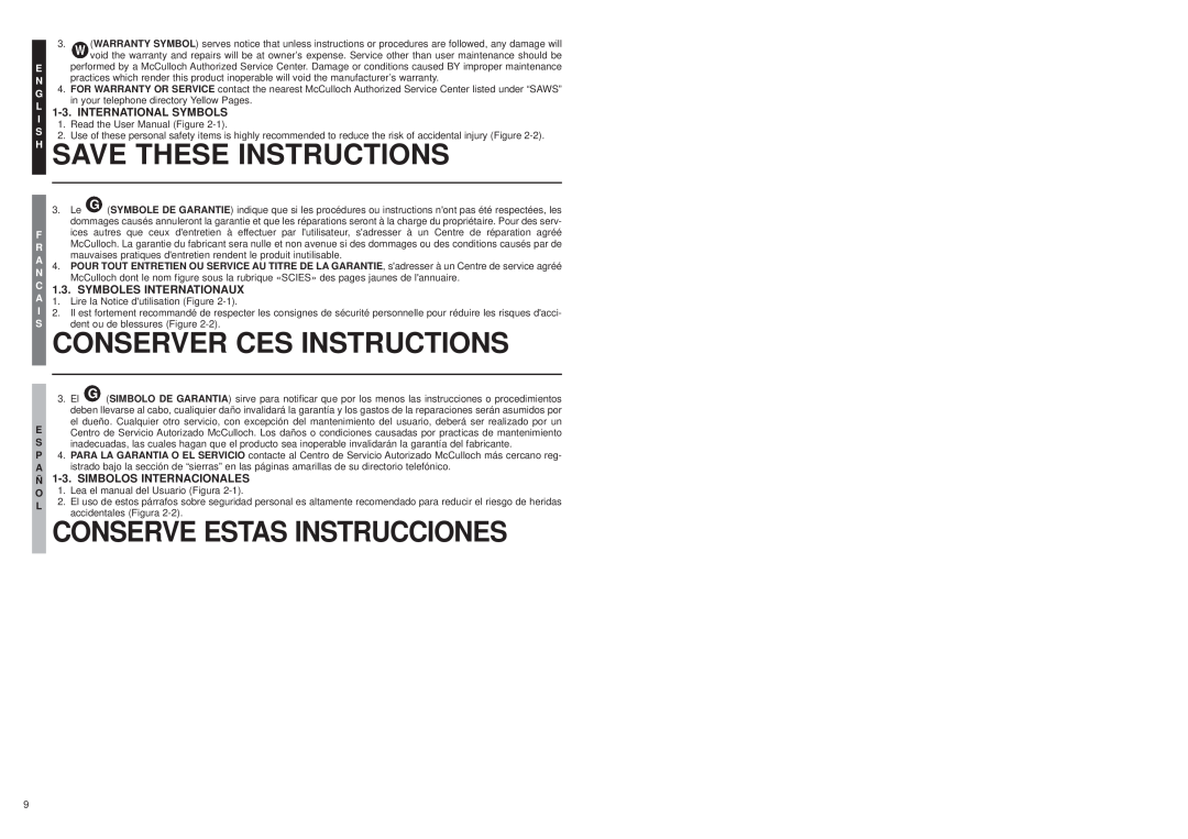 McCulloch MT2307, MT2308, MT2303 user manual H Save These Instructions, International Symbols, C1.3. SYMBOLES INTERNATIONAUX 