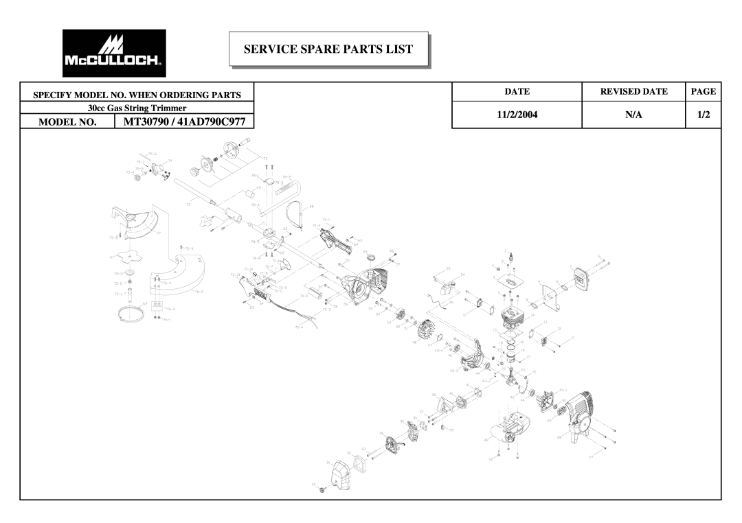 McCulloch manual Service Spare Parts List, MT30790 / 41AD790C977, 11/2/2004, Model No, Revised Date, Page 