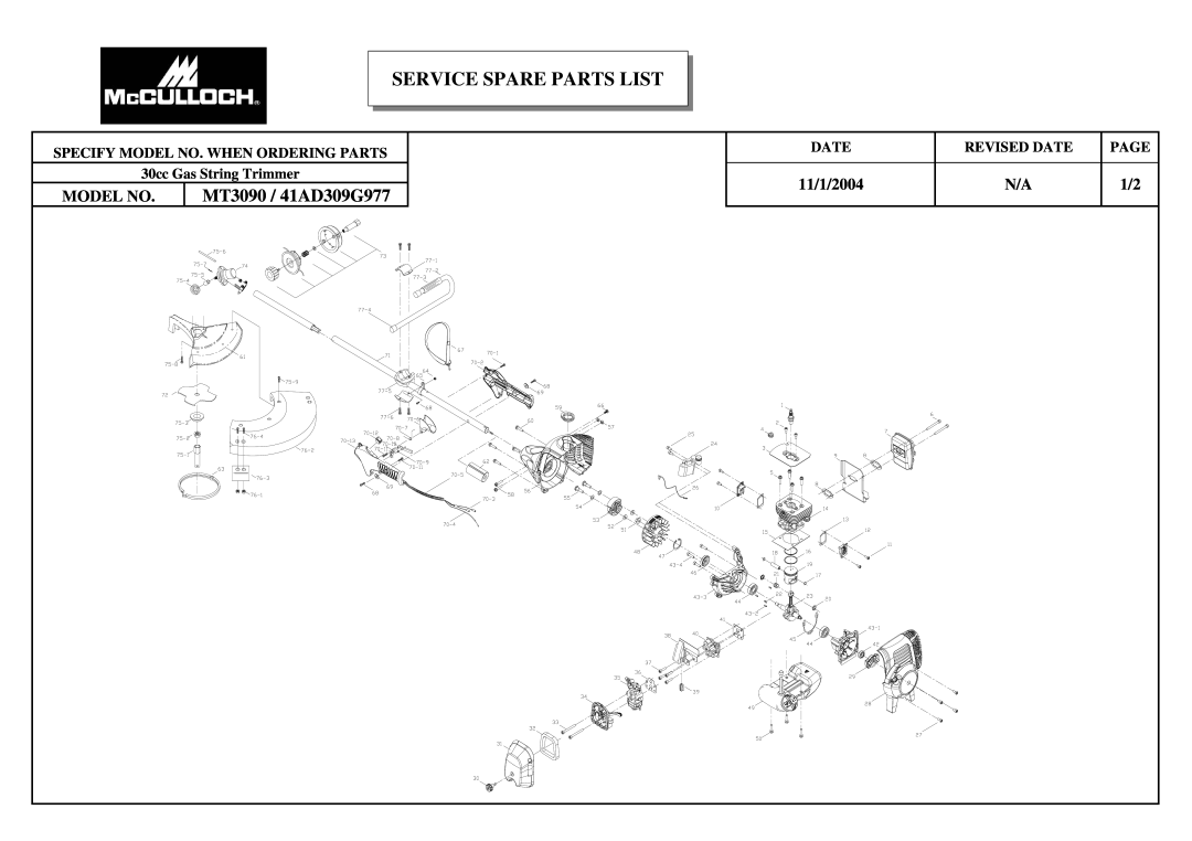 McCulloch manual Service Spare Parts List, MT3090 / 41AD309G977, 11/1/2004, Model No, Revised Date, Page 