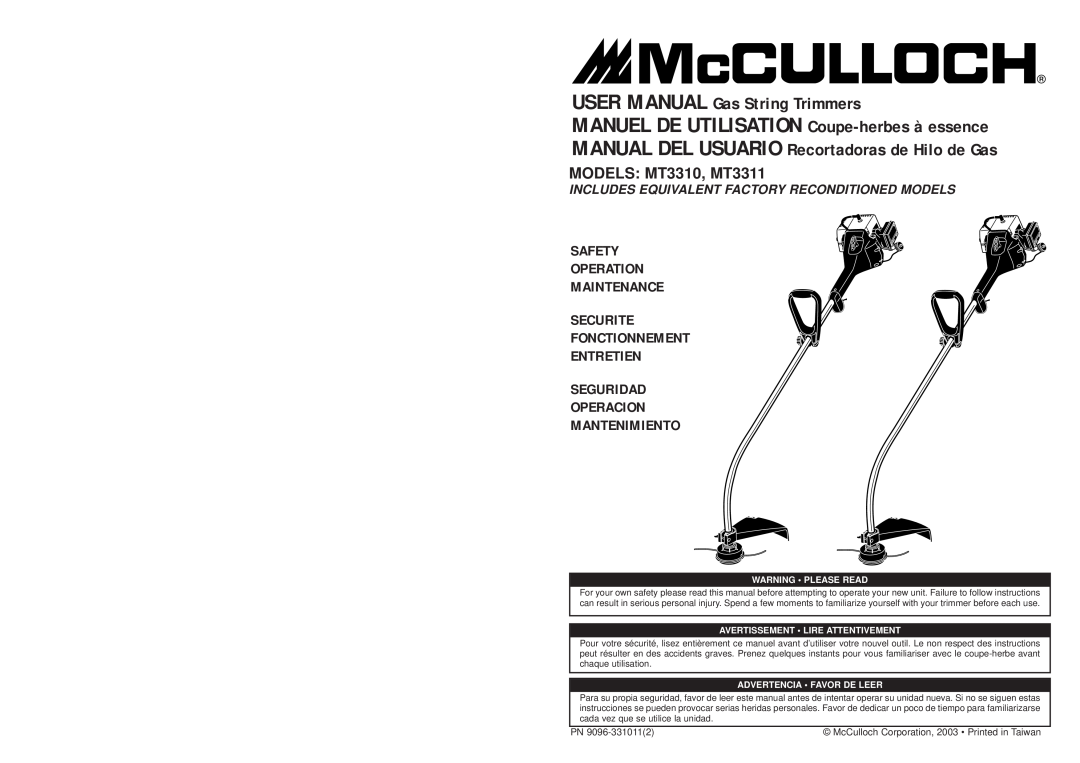 McCulloch user manual MODELS MT3310, MT3311, Safety Operation Maintenance Securite Fonctionnement Entretien 