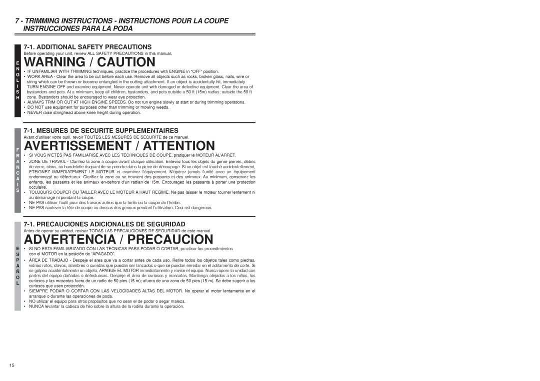McCulloch MT3311 E Warning / Caution, F Avertissement / Attention, Advertencia / Precaucion, Additional Safety Precautions 