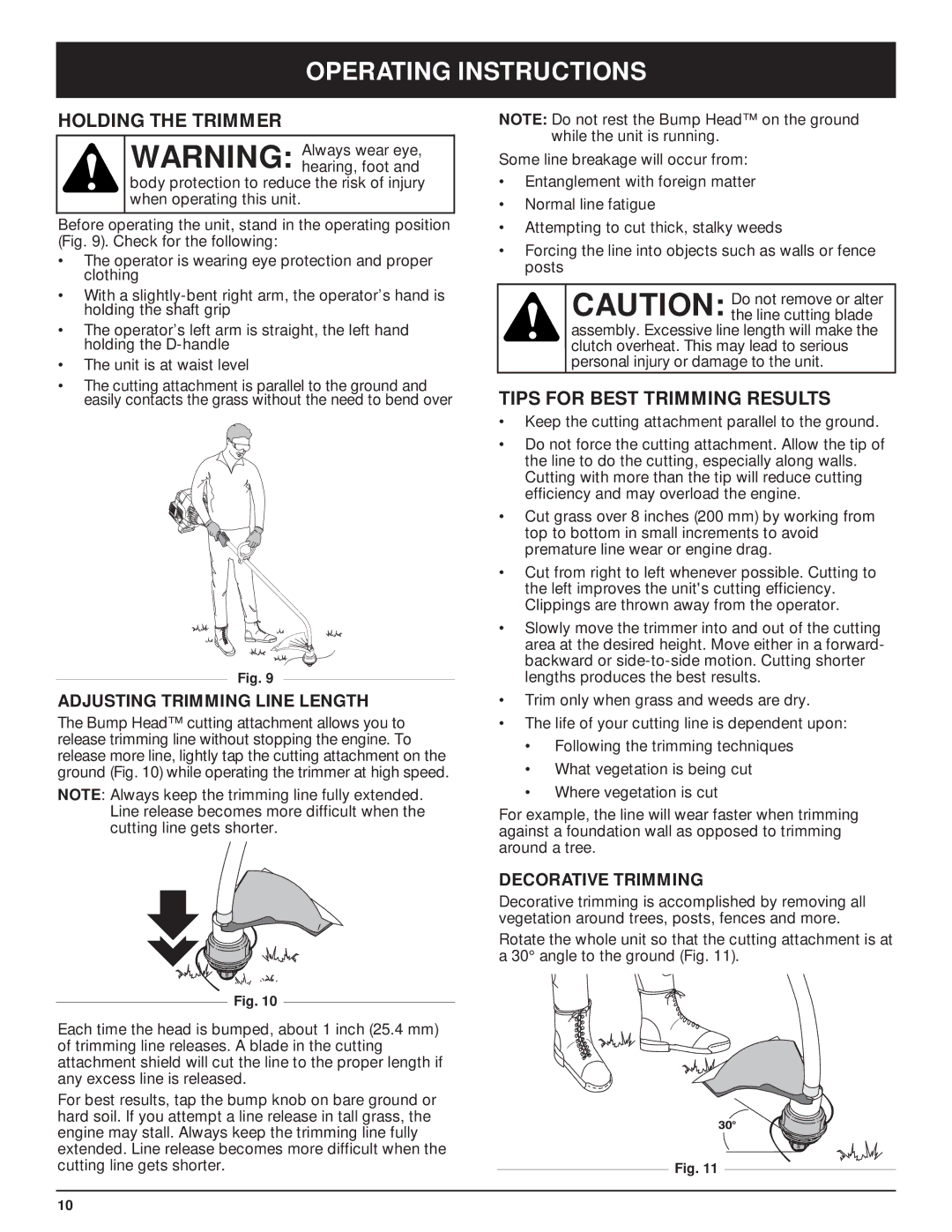 McCulloch MT705 manual Operating Instructions, Holding the Trimmer, Tips for Best Trimming Results, Decorative Trimming 