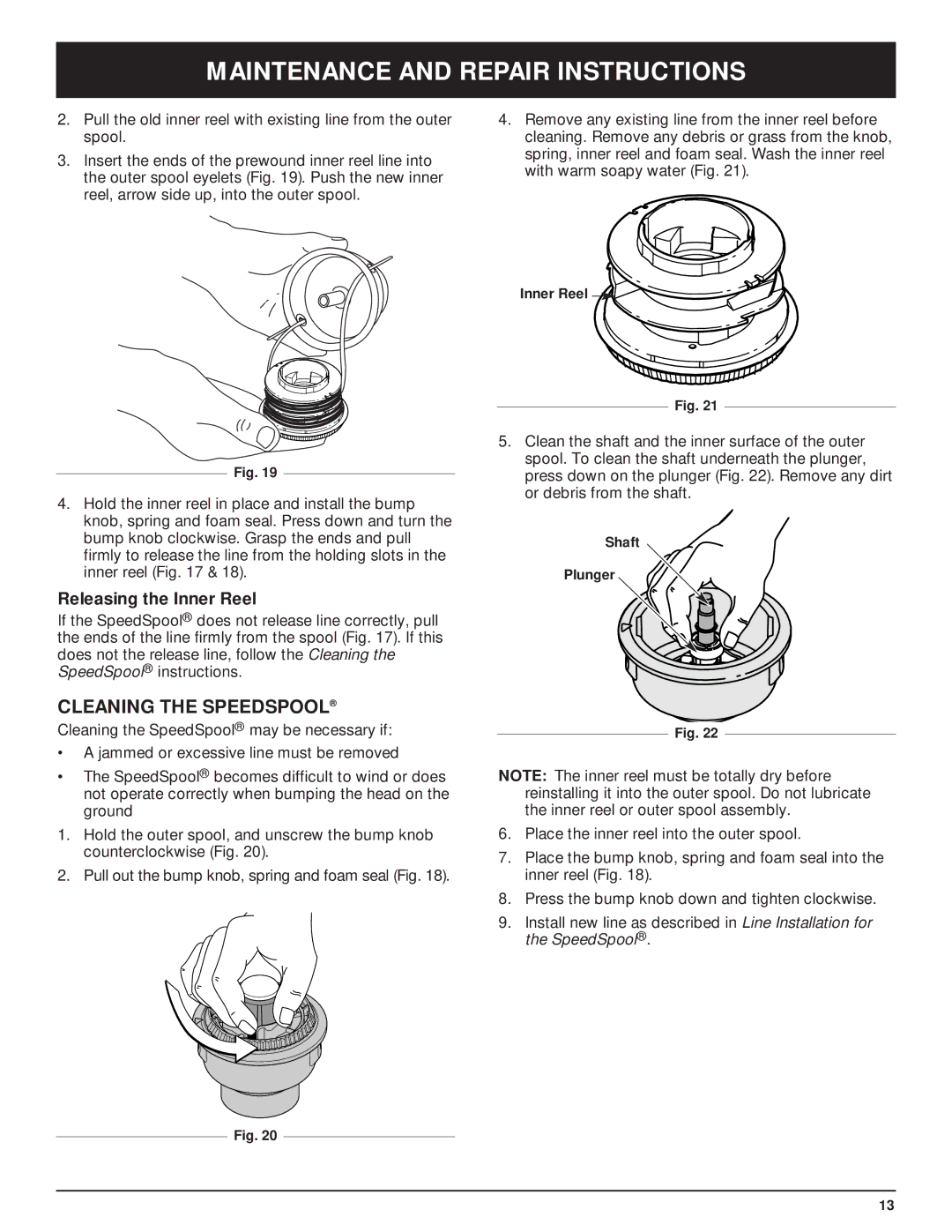 McCulloch MT705 manual Cleaning the Speedspool, Releasing the Inner Reel 