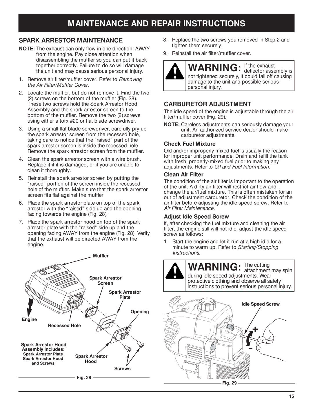 McCulloch MT705 manual Spark Arrestor Maintenance, Carburetor Adjustment, Check Fuel Mixture, Clean Air Filter 