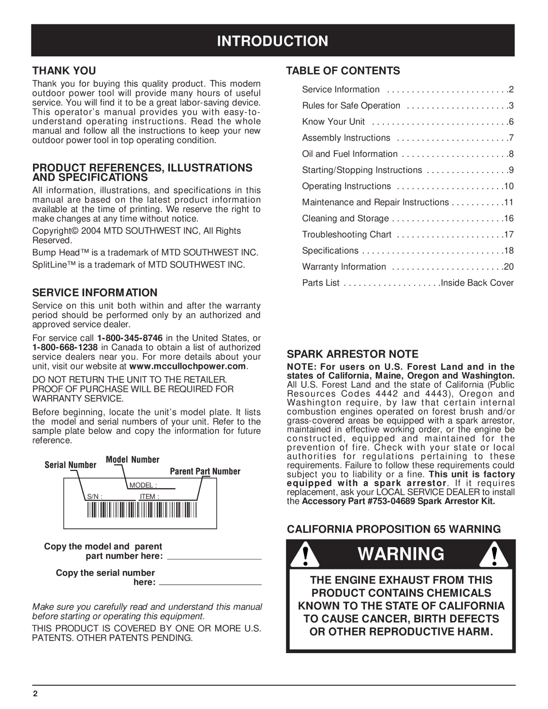 McCulloch MT705 manual Introduction 