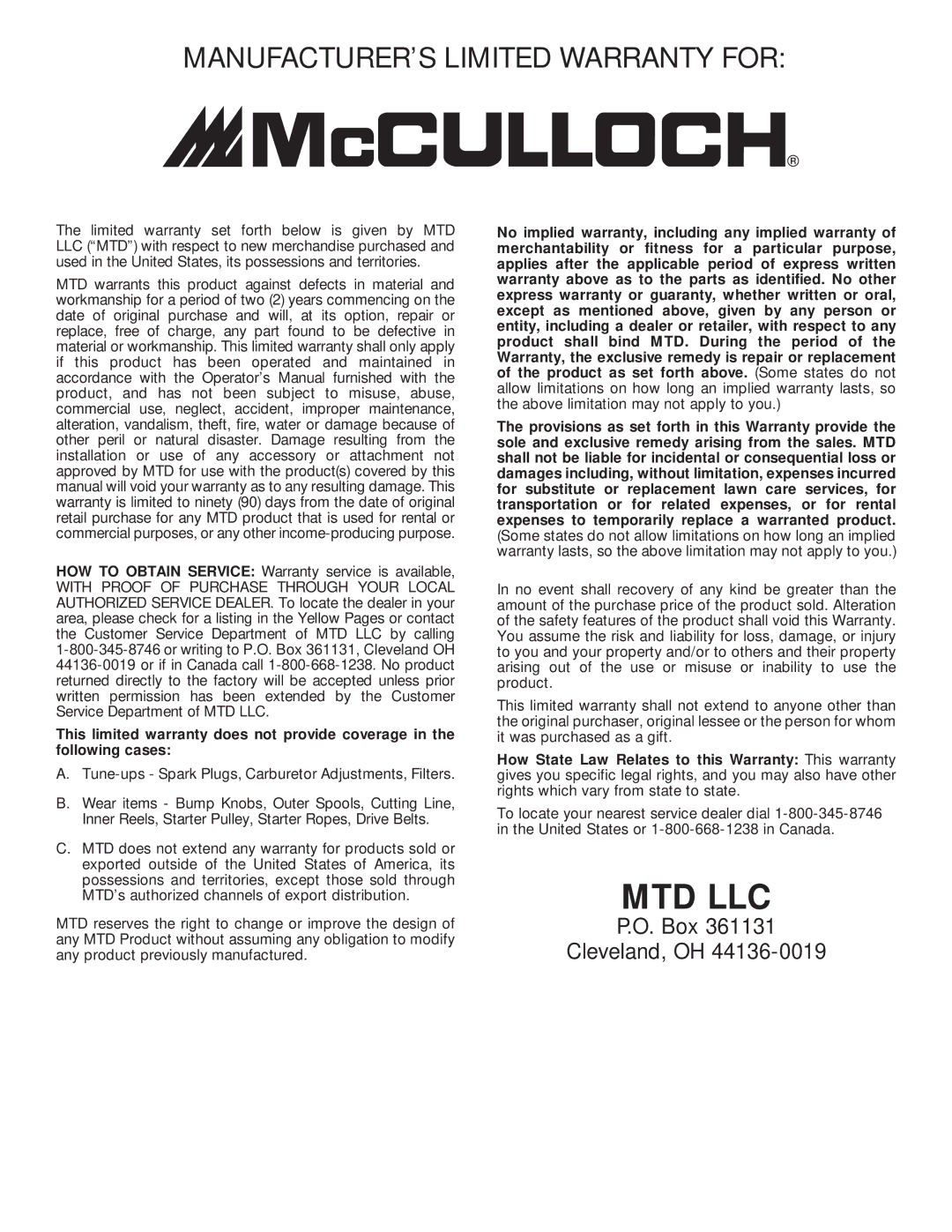 McCulloch MT705 manual Mtd Llc 