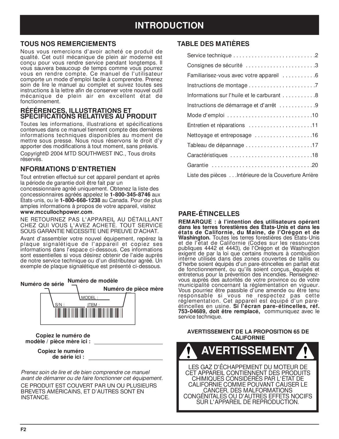 McCulloch MT705 manual Tous NOS Remerciements, Nformations D’ENTRETIEN, Table DES Matières, Pare-Étincelles 