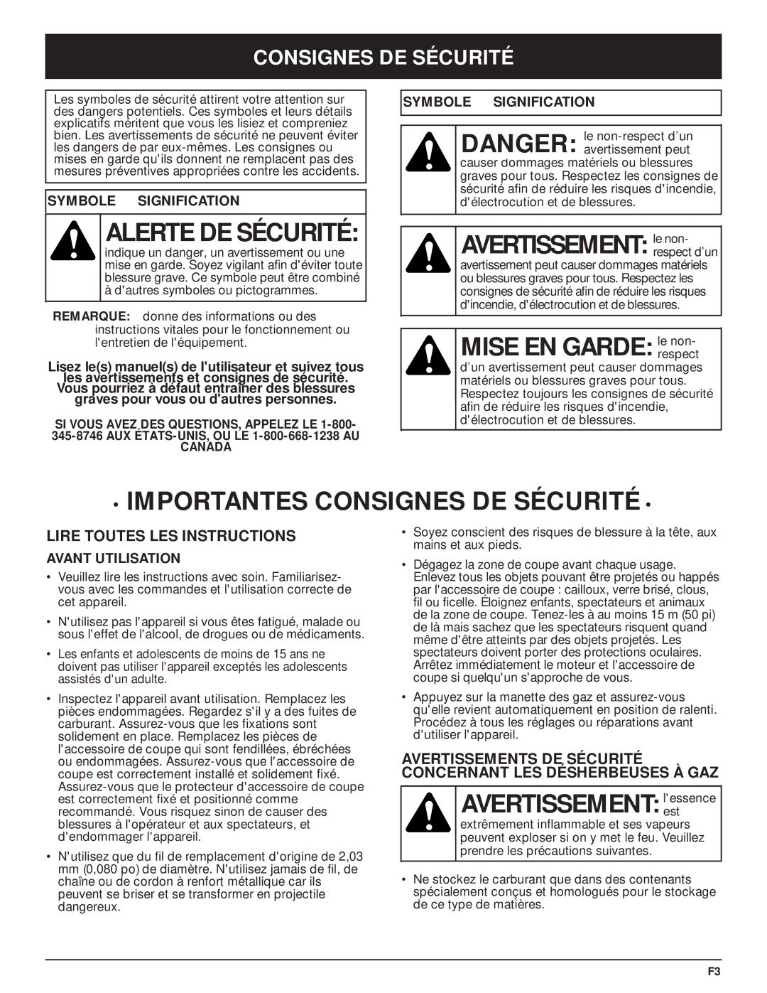 McCulloch MT705 manual Avertissement le non, Mise EN Garde le non, Avertissement lessenceest, Consignes DE Sécurité 