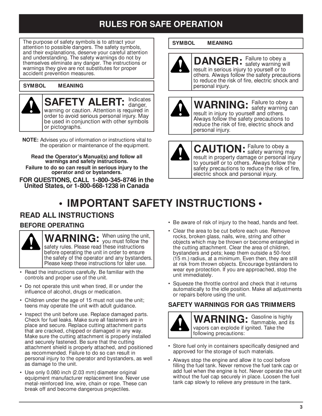 McCulloch MT705 manual Rules for Safe Operation, Before Operating, Safety Warnings for GAS Trimmers 