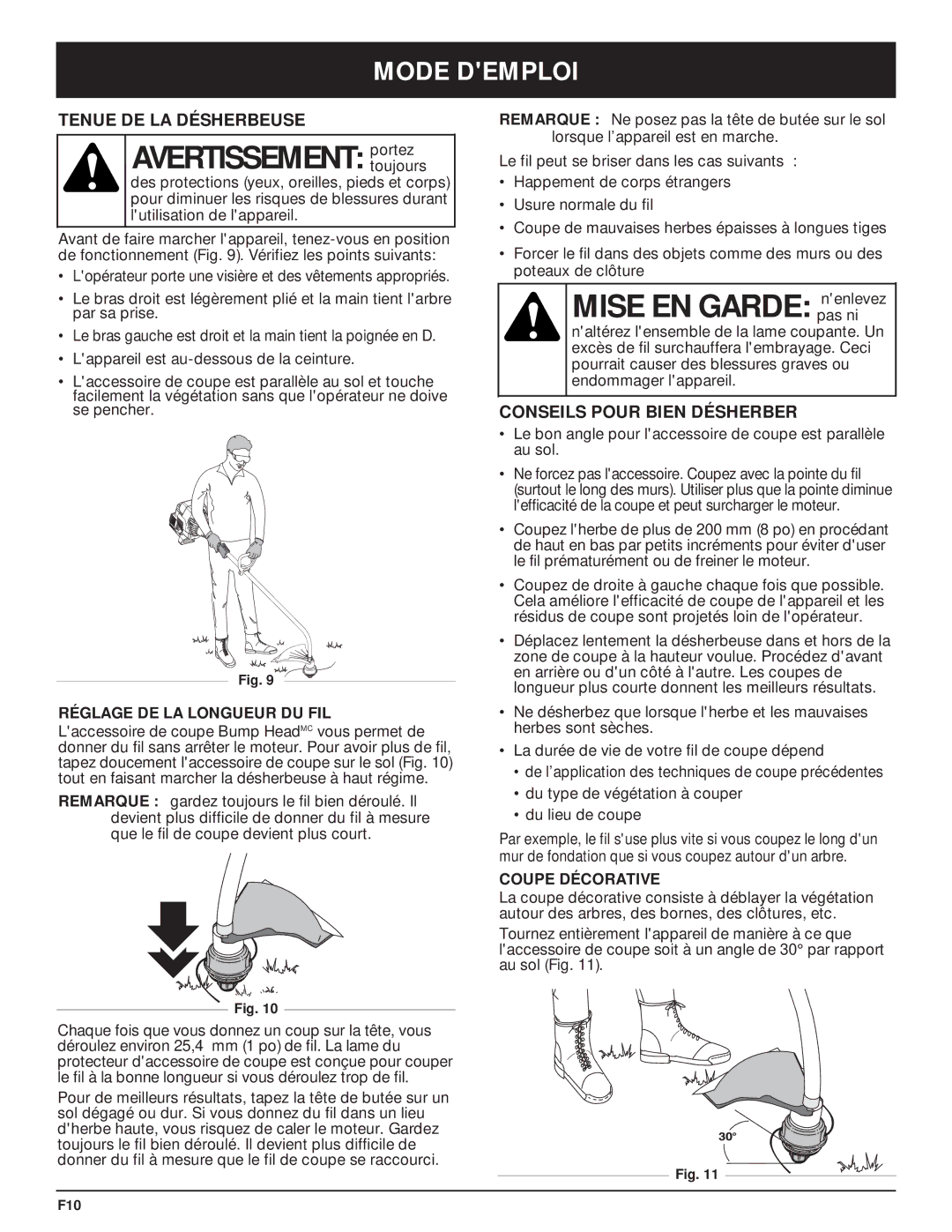 McCulloch MT705 manual Mise EN Garde nenlevez, Mode Demploi, Tenue DE LA Désherbeuse, Conseils Pour Bien Désherber 