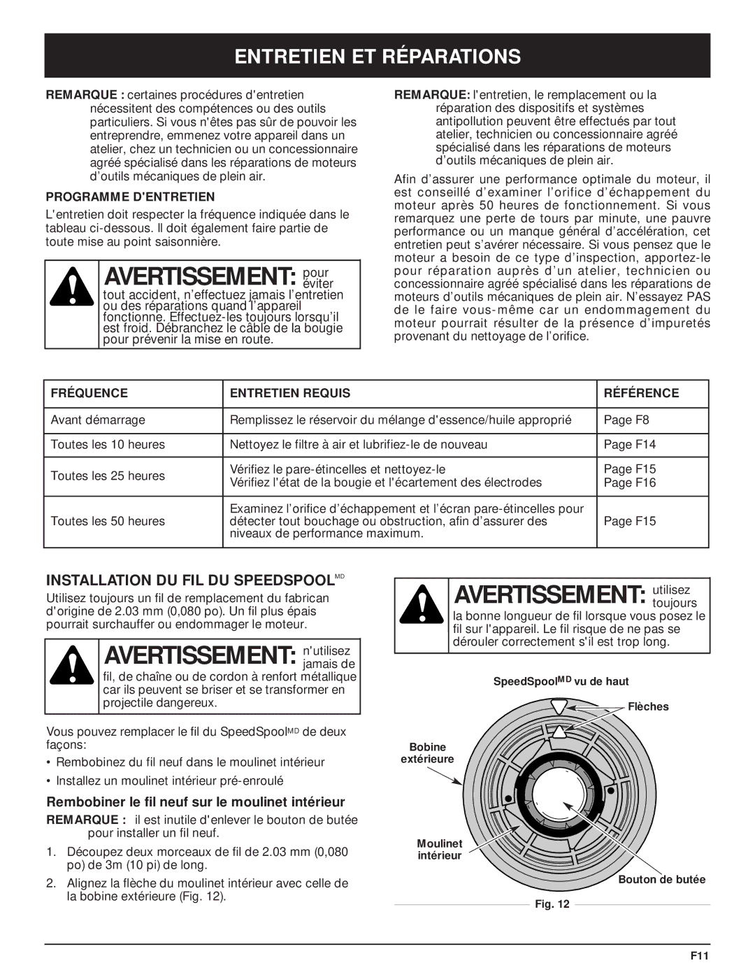 McCulloch MT705 manual Avertissement pouréviter, Entretien ET Réparations, Installation DU FIL DU Speedspoolmd 