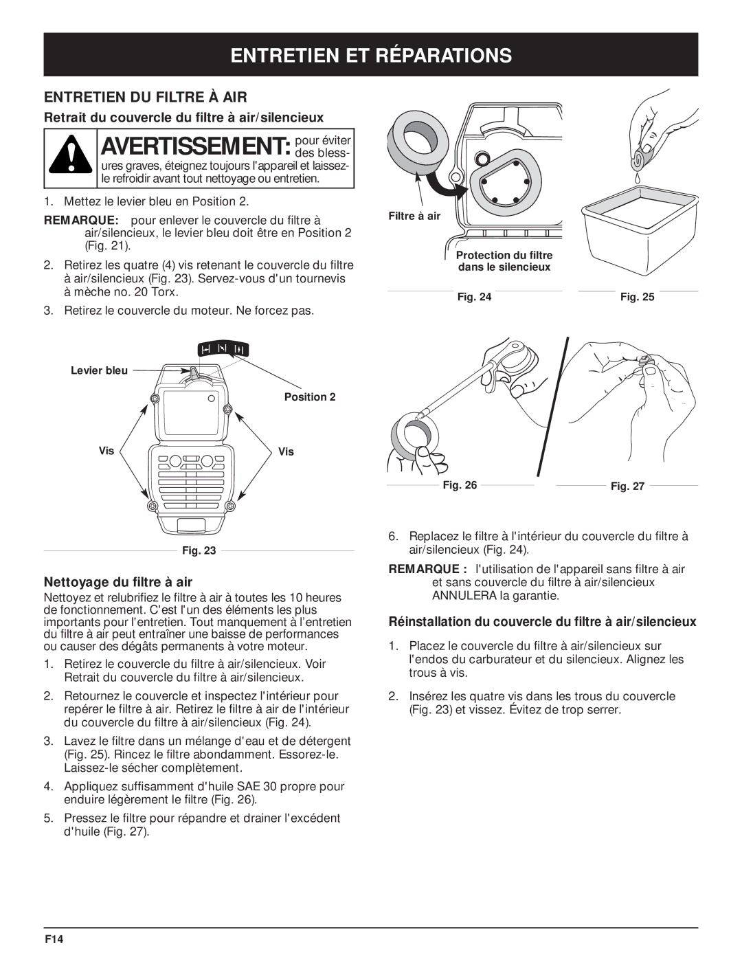 McCulloch MT705 Avertissement pour éviter, Entretien DU Filtre À AIR, Retrait du couvercle du filtre à air/silencieux 