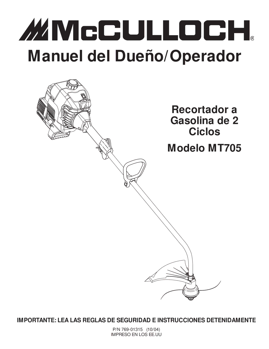 McCulloch MT705 manual Manuel del Dueño/Operador 