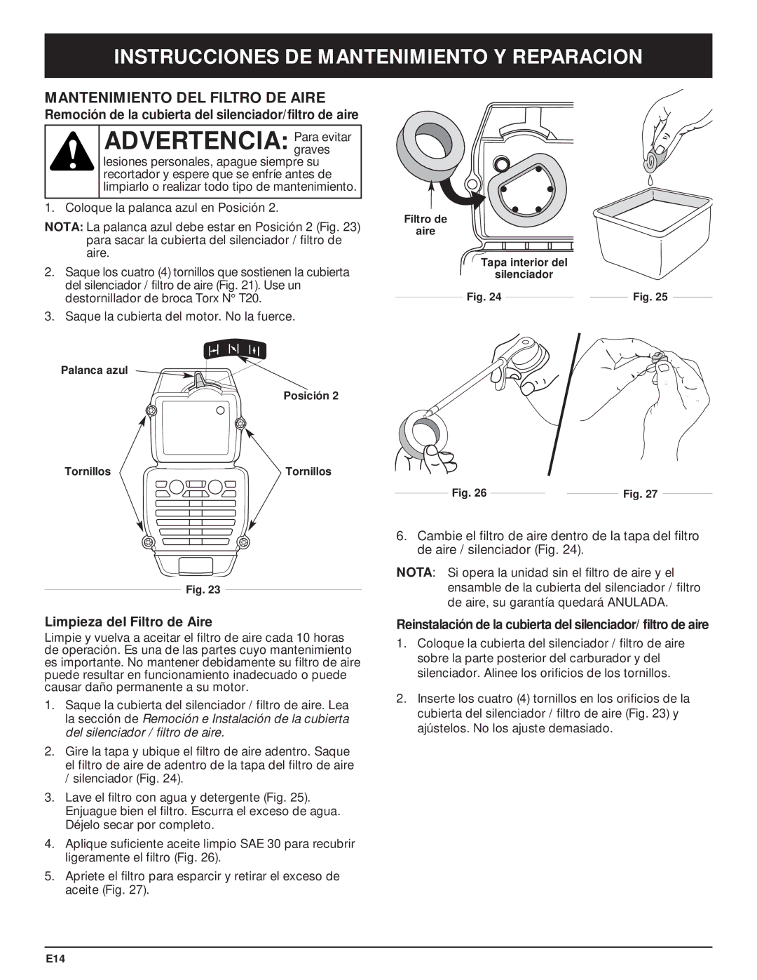 McCulloch MT705 manual Mantenimiento DEL Filtro DE Aire, Remoción de la cubierta del silenciador/filtro de aire 