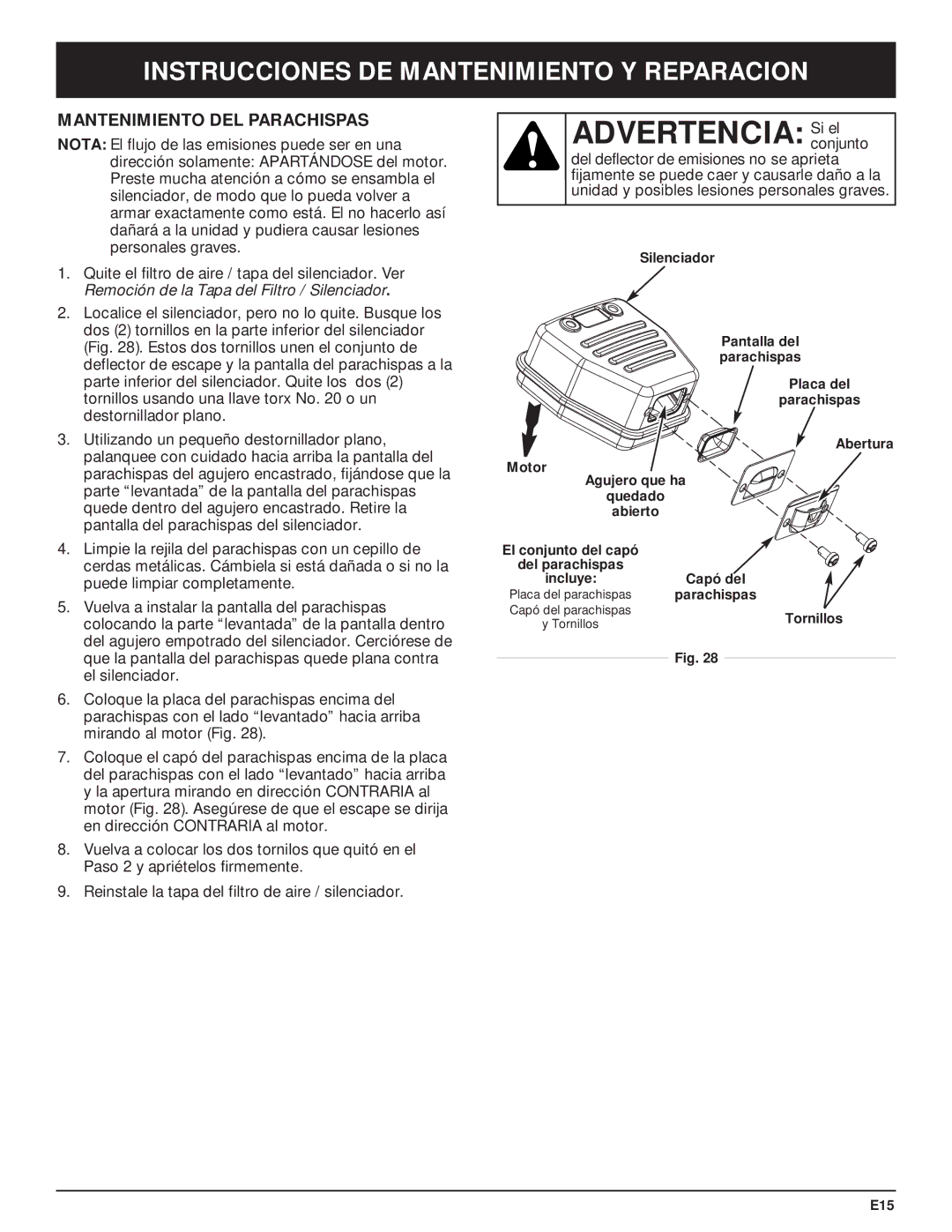 McCulloch MT705 manual Advertencia Siconjuntoel, Mantenimiento DEL Parachispas 