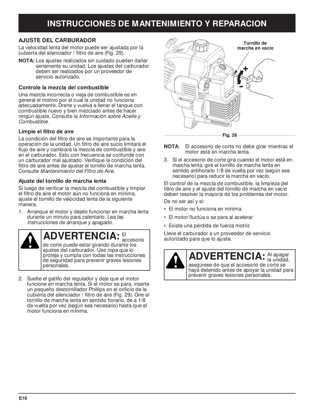 McCulloch MT705 manual Advertencia Elaccesorio, Ajuste DEL Carburador 