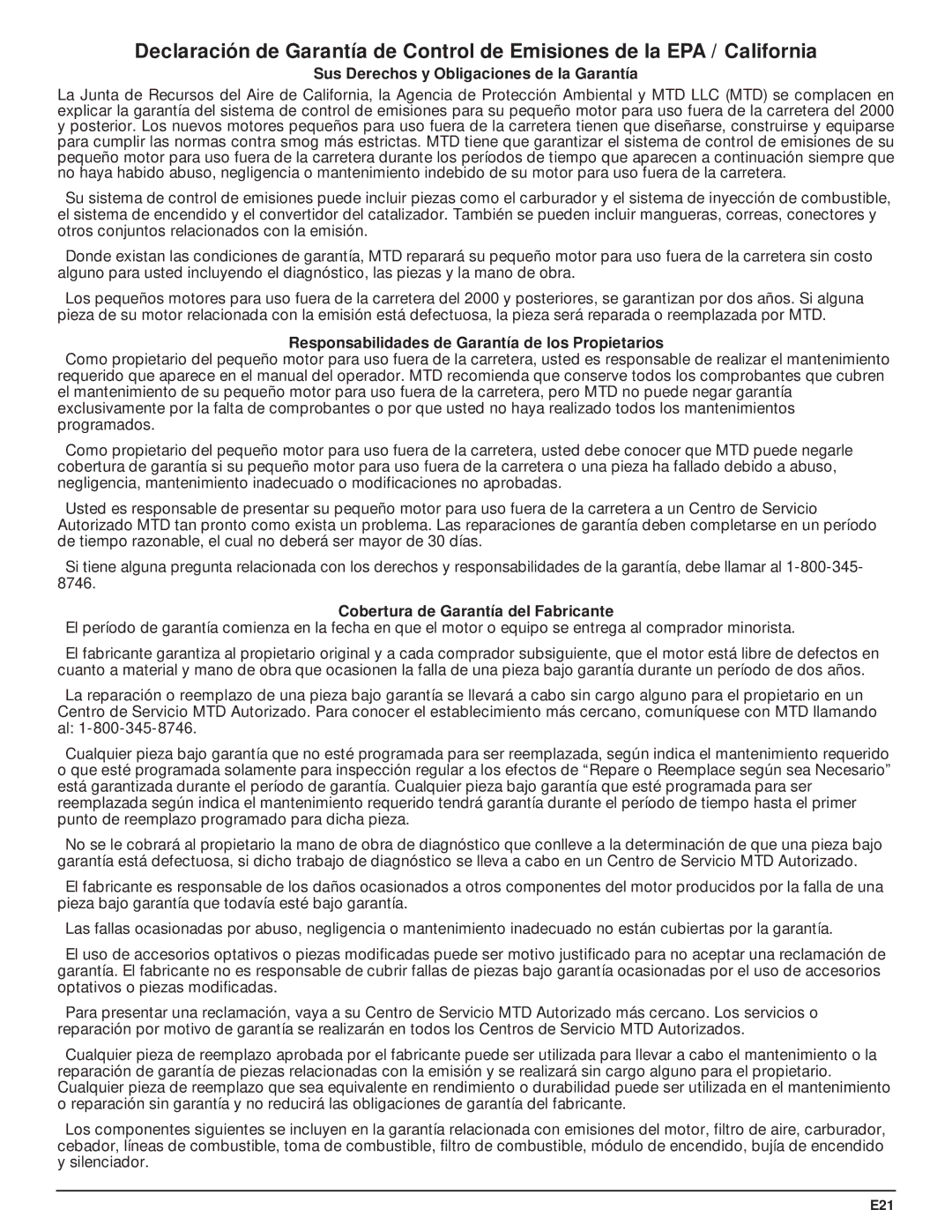 McCulloch MT705 manual Sus Derechos y Obligaciones de la Garantía 