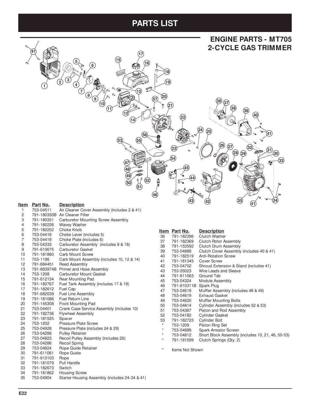 McCulloch manual Parts List, Engine Parts MT705 Cycle GAS Trimmer 