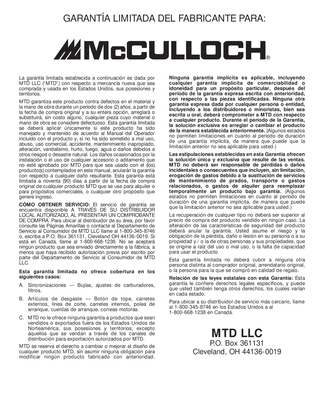 McCulloch MT705 manual Garantía Limitada DEL Fabricante Para 