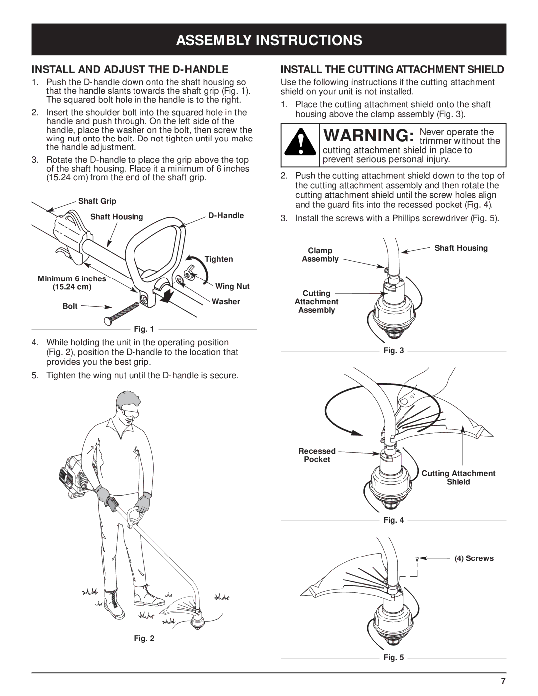 McCulloch MT705 manual Assembly Instructions, Install and Adjust the D-HANDLE, Install the Cutting Attachment Shield 