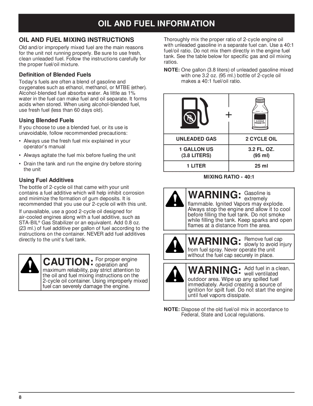 McCulloch MT705 manual OIL and Fuel Information, OIL and Fuel Mixing Instructions, Definition of Blended Fuels 