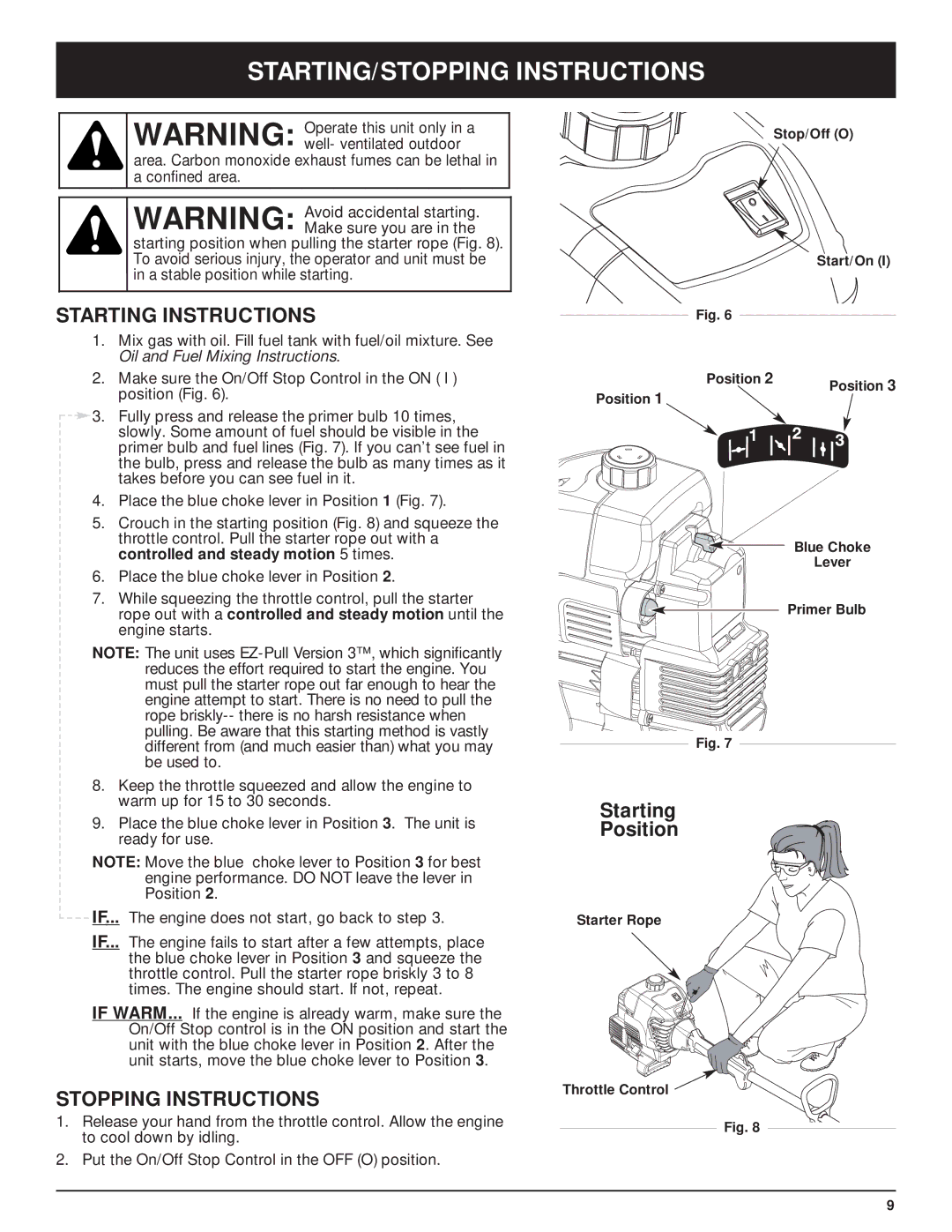 McCulloch MT705 manual STARTING/STOPPING Instructions, Starting Instructions 