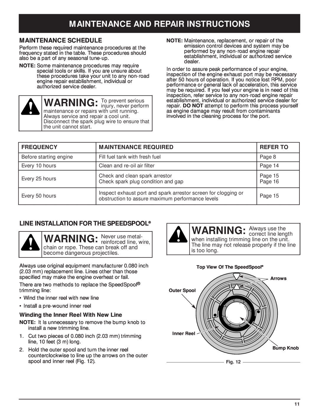 McCulloch MT705 Maintenance And Repair Instructions, Maintenance Schedule, Line Installation For The Speedspool, Frequency 
