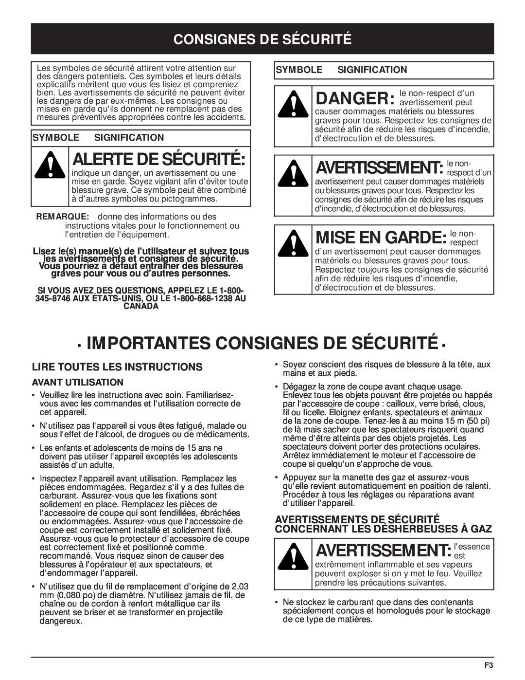McCulloch MT705 manual Alerte De Sécurité, AVERTISSEMENT le non, MISE EN GARDE le non, Importantes Consignes De Sécurité 