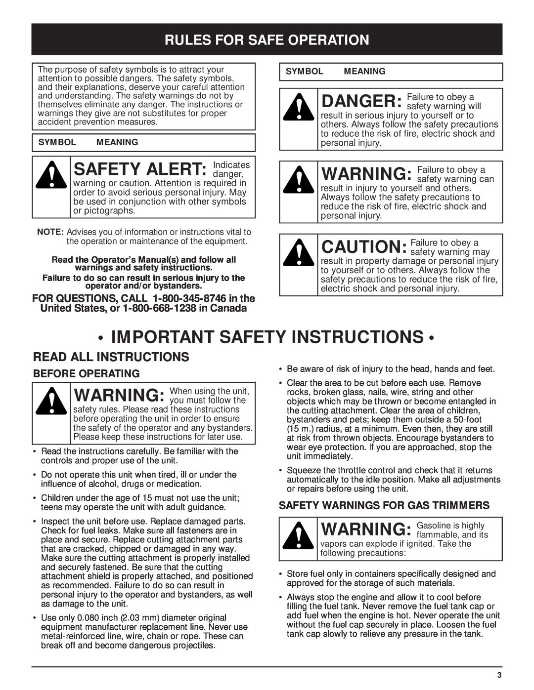 McCulloch MT705 manual Important Safety Instructions, Rules For Safe Operation, Read All Instructions, Before Operating 