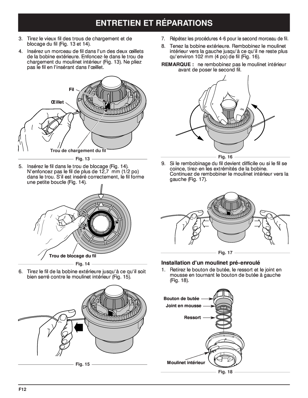McCulloch MT705 manual Installation dun moulinet pré-enroulé, Entretien Et Réparations 