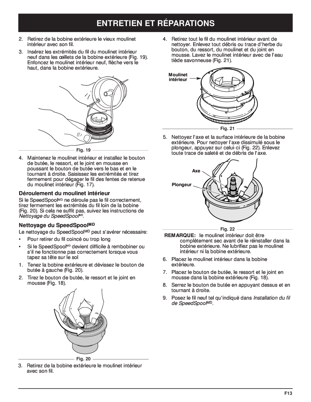 McCulloch MT705 manual Déroulement du moulinet intérieur, Nettoyage du SpeedSpoolMD, Entretien Et Réparations 