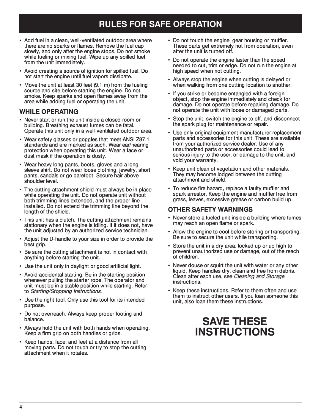McCulloch MT705 manual Save These Instructions, While Operating, Other Safety Warnings, Rules For Safe Operation 