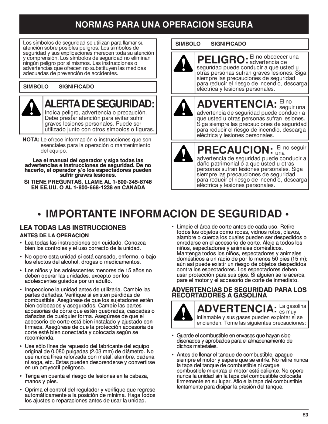 McCulloch MT705 manual Importante Informacion De Seguridad, ADVERTENCIA Laes muygasolina, Normas Para Una Operacion Segura 