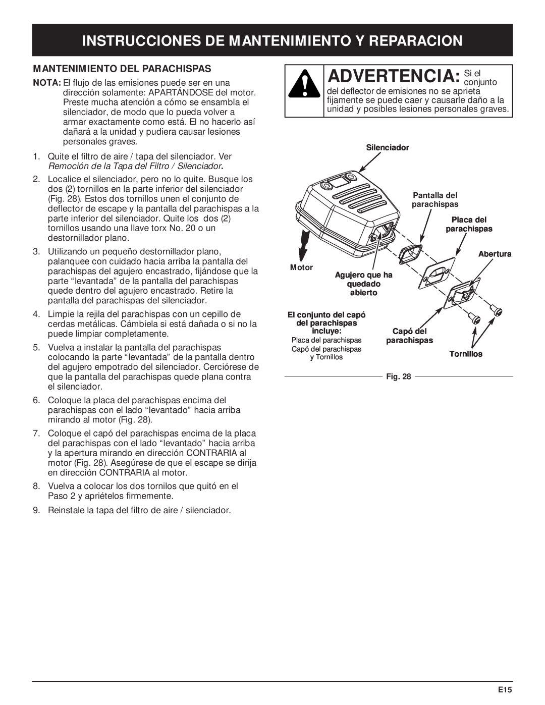 McCulloch MT705 manual ADVERTENCIA Siconjuntoel, Mantenimiento Del Parachispas, Instrucciones De Mantenimiento Y Reparacion 