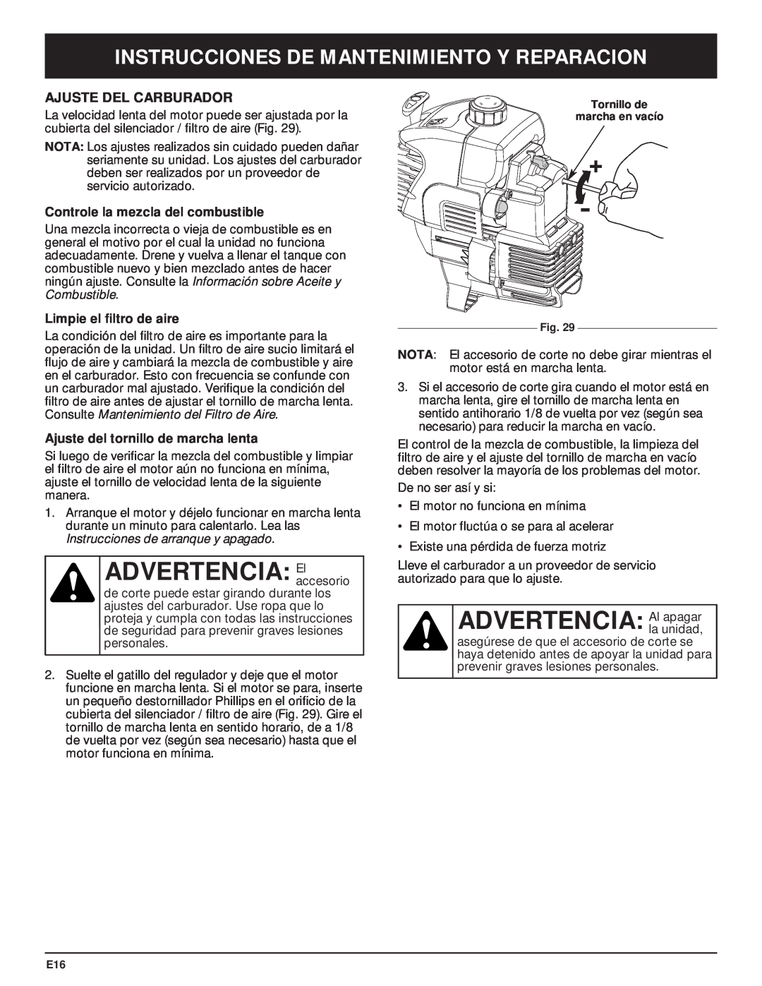 McCulloch MT705 manual ADVERTENCIA Elaccesorio, Ajuste Del Carburador, Controle la mezcla del combustible 