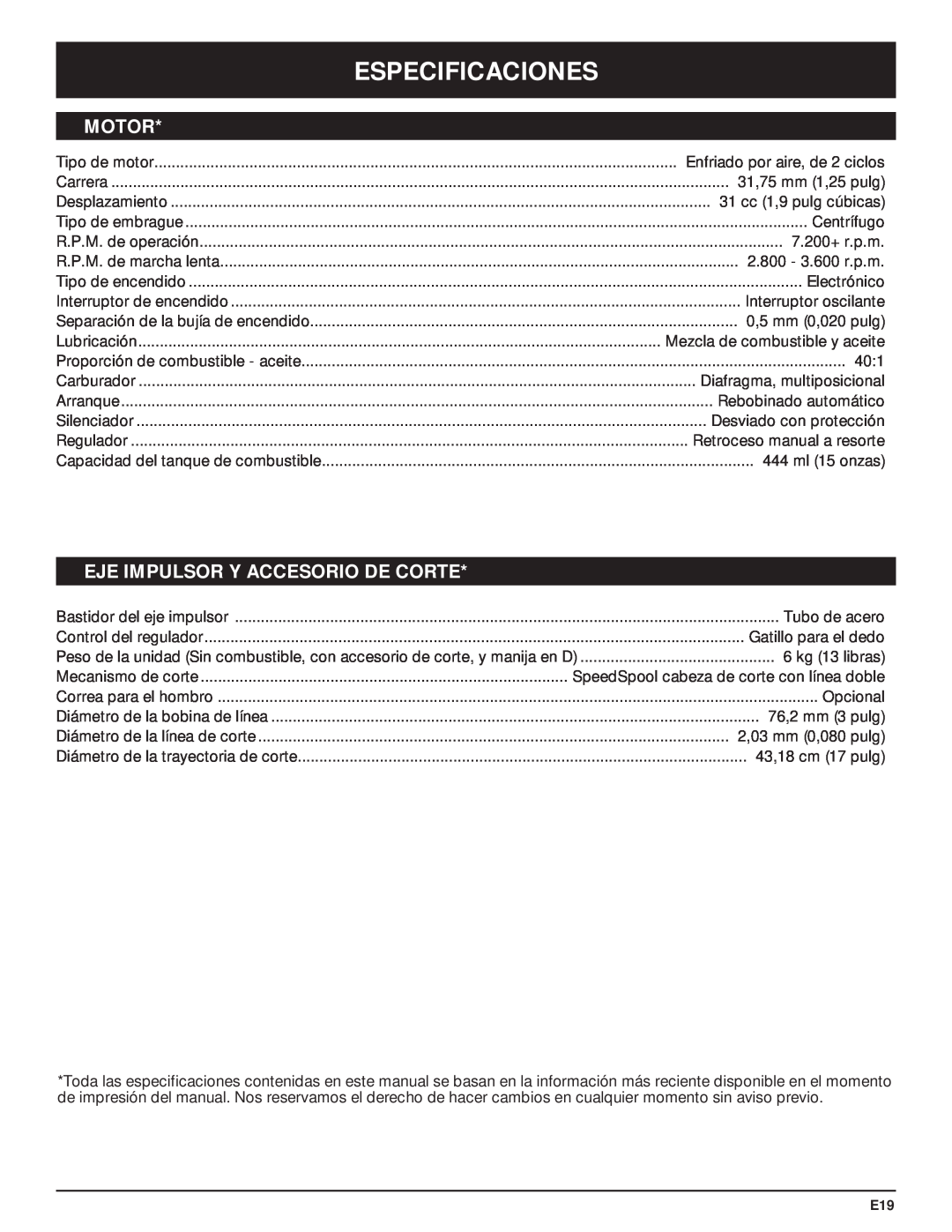 McCulloch MT705 manual Especificaciones, Motor, Eje Impulsor Y Accesorio De Corte 