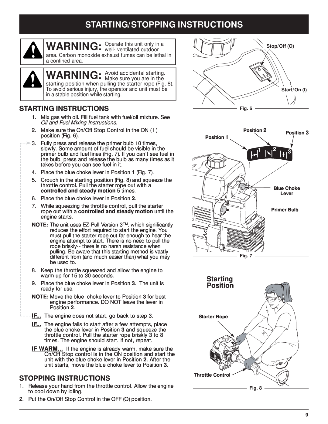 McCulloch MT705 manual Starting/Stopping Instructions, Starting Instructions, Starting Position 