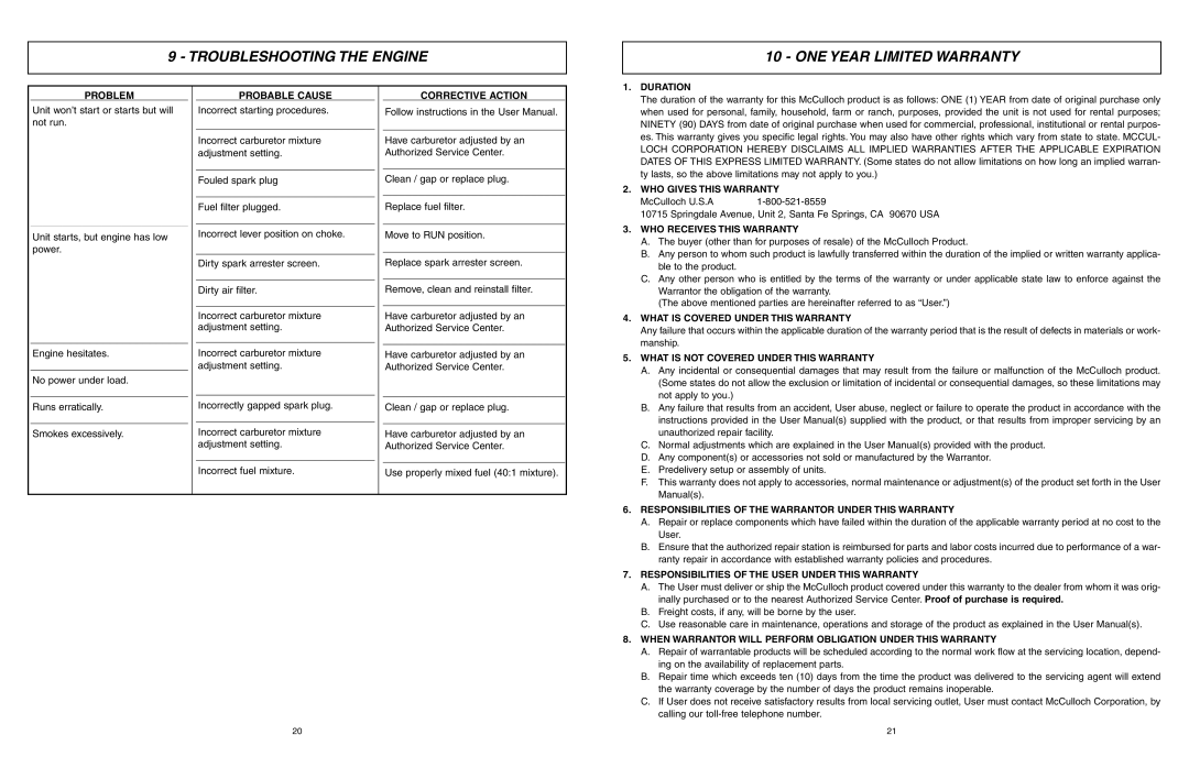 McCulloch MXC1640DH, MXC1640DK, MXC1840DH user manual Troubleshooting the Engine ONE Year Limited Warranty 