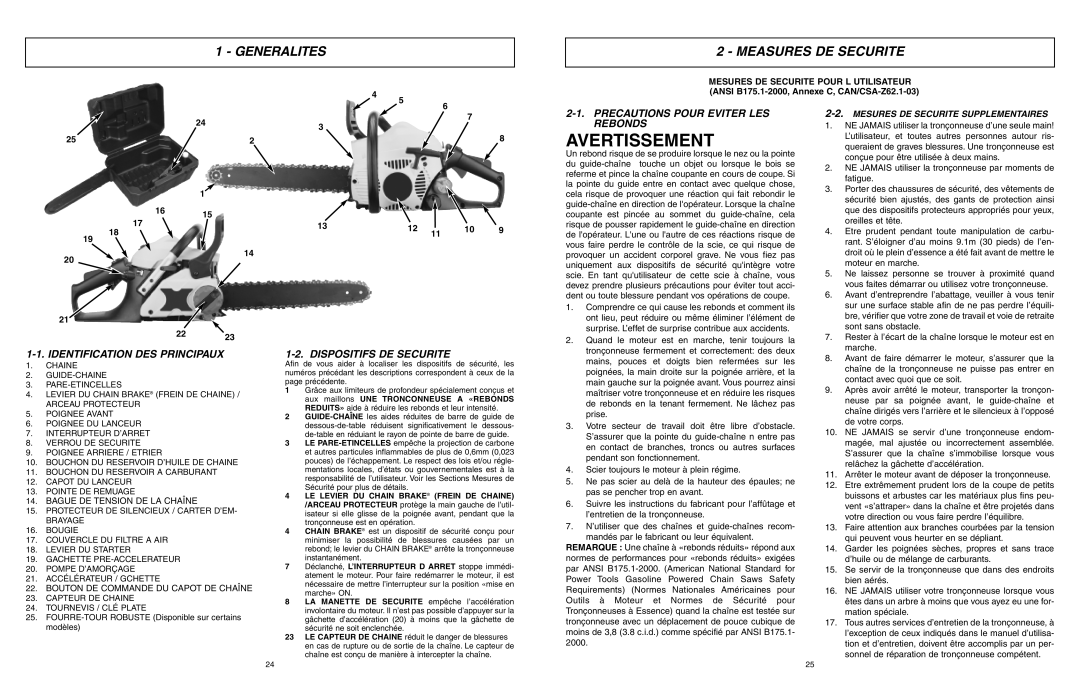 McCulloch MXC1840D, MXC1640DK Avertissement, Generalites Measures DE Securite, Precautions Pour Eviter LES Rebonds 