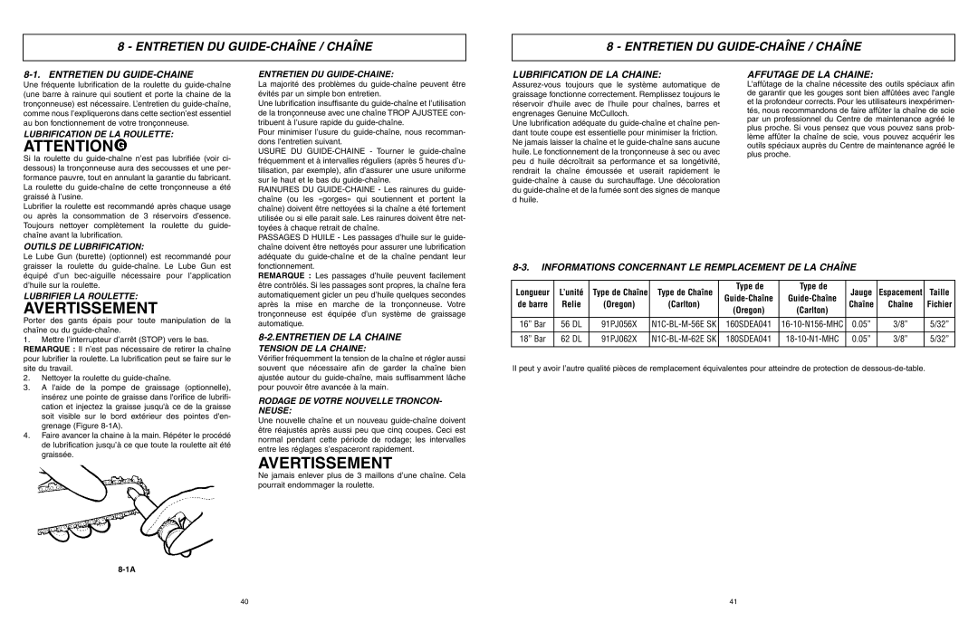 McCulloch MXC1640DH, MXC1640DK, MXC1840DH user manual Entretien DU GUIDE-CHAÎNE / Chaîne 