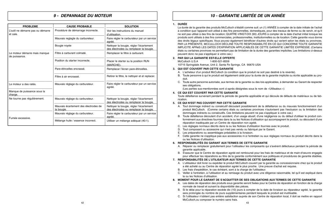 McCulloch MXC1840DH, MXC1640DK, MXC1640DH user manual Depannage DU Moteur Garantie Limitée DE UN Année 