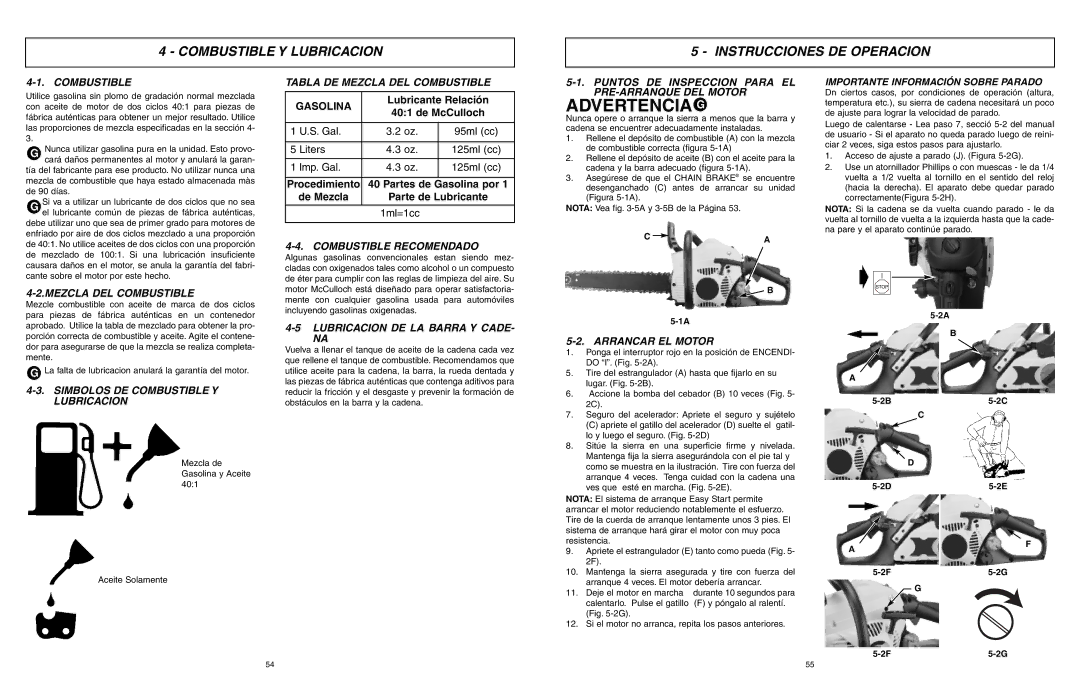 McCulloch MXC1640DK, MXC1640DH, MXC1840DH user manual Combustible Y Lubricacion Instrucciones DE Operacion 