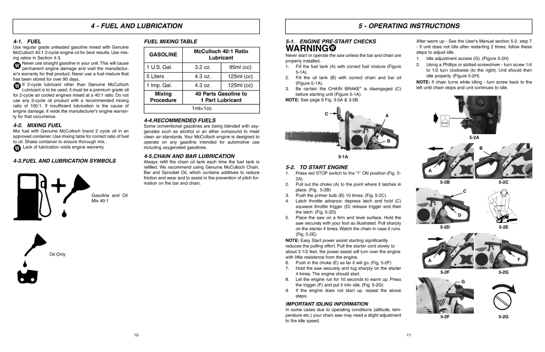 McCulloch MXC1640DH, MXC1640DK, MXC1840DH user manual Fuel and Lubrication Operating Instructions 